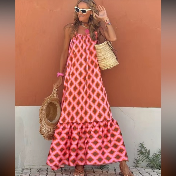 boutique Dresses & Skirts - Boho Argyle Print Dress Spaghetti Sleeveless Maxi Dress